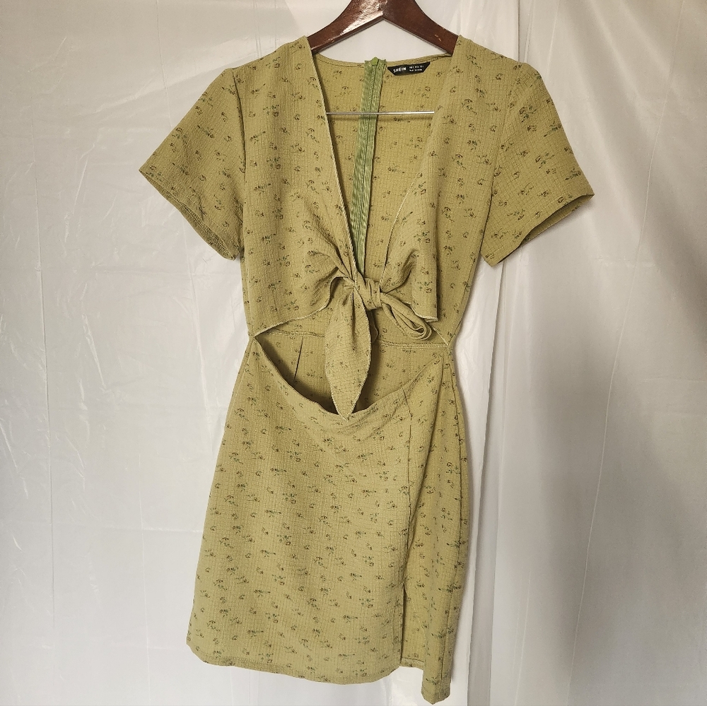 Olive Floral Tie-Front Cutout Open Back Mini Dress - Picture 12 of 15